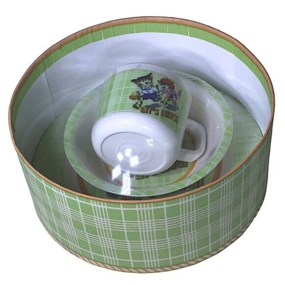 Michel Design Works Baby’s First Plate Set Feeding Boxed Plaid Set Green White - Picture 2 of 16